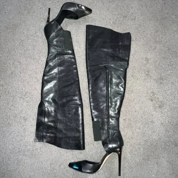 BCBGMAXAZRIA RUNWAY CONCORDE STAMPEDE OVER THE KNEE BLACK LEATHER BOOTS HTF 10M - Picture 2 of 16